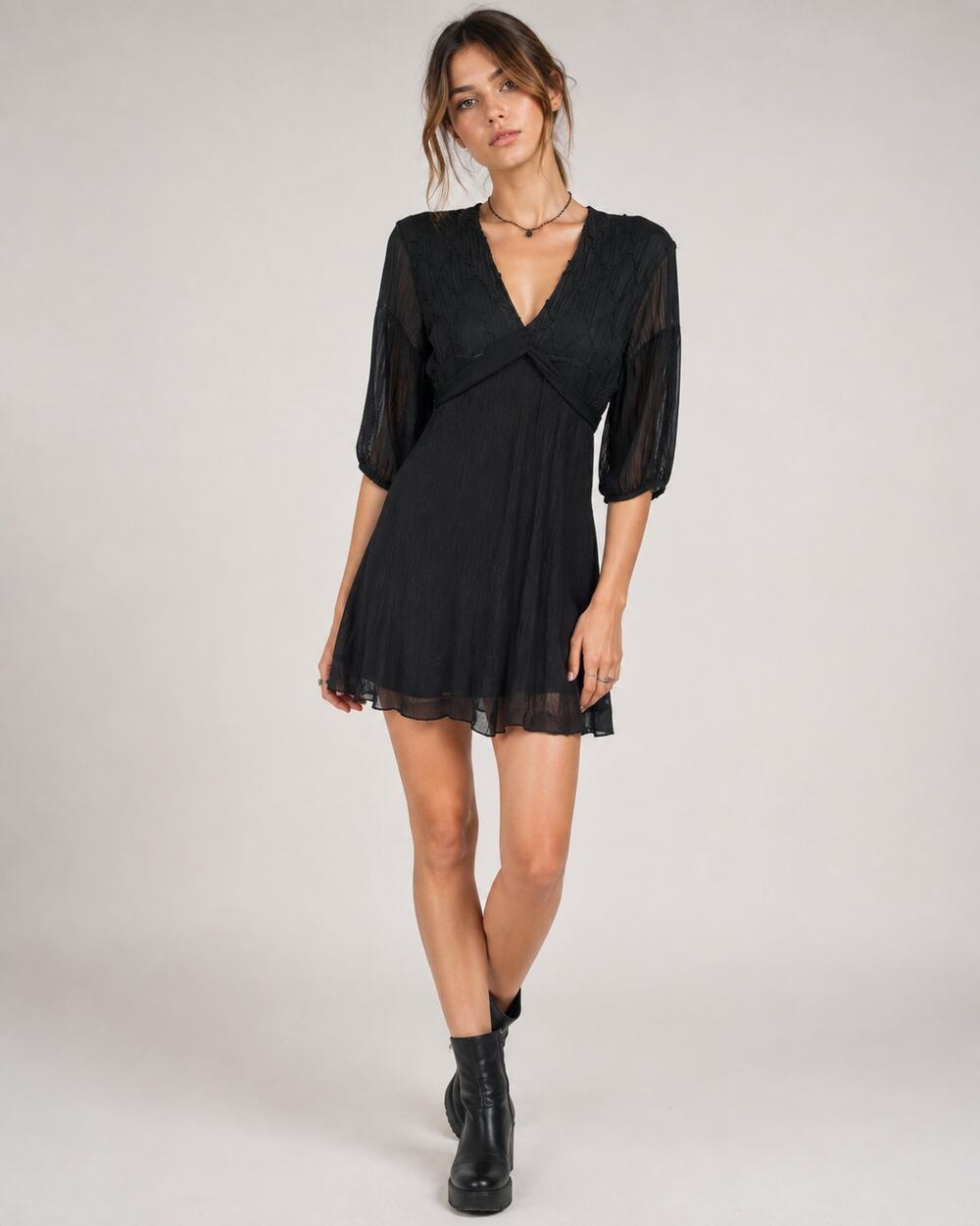 Komarov Black Silk Sheer Mini Dress Women S Witchy Whimsigoth 3/4 Sleeve Crinkle
